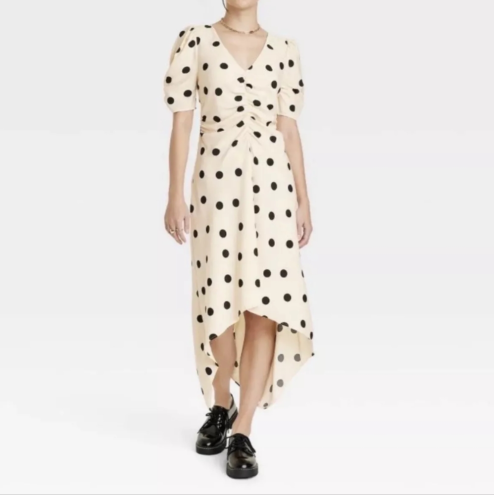 NWT Women's Crepe Short Sleeve Midi Dress - A New Day Beige Polka Dots XS